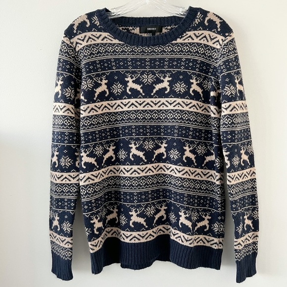 Forever 21 Blue Tan Reindeer Ugly Christmas Sweater Size Medium Xmas Holidays - Picture 1 of 3